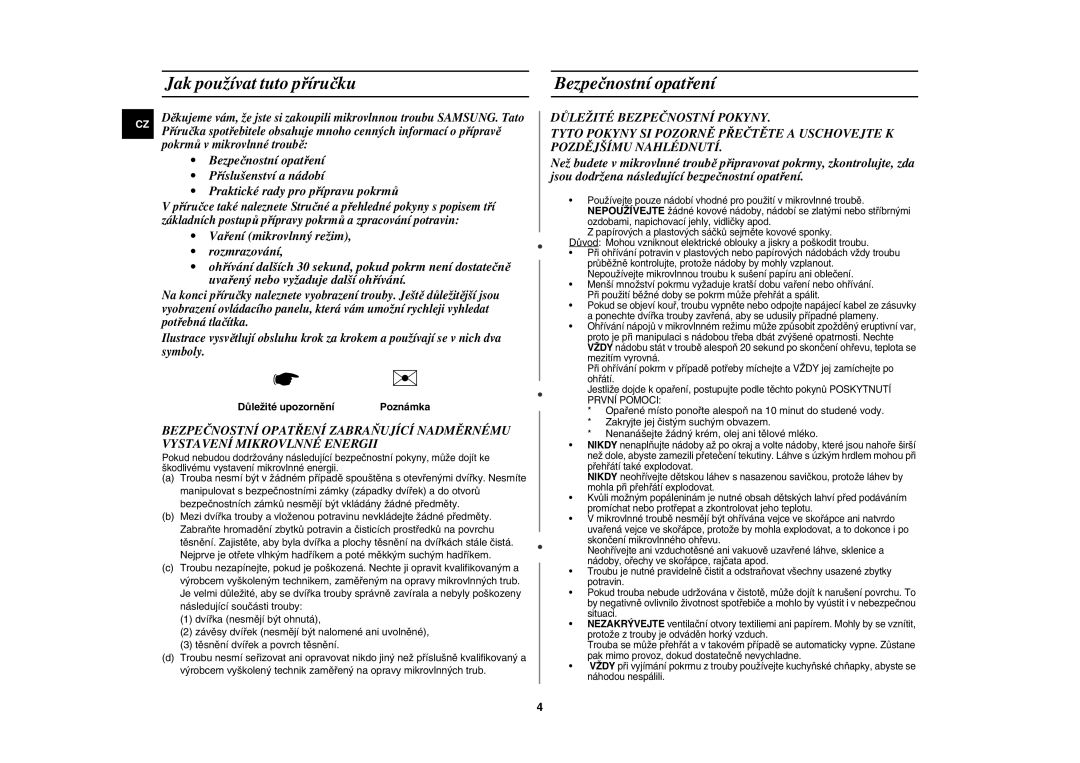 Samsung CE107V/XEH manual Jak používat tuto příručku, Bezpečnostní opatření, Důležité upozornění, Poznámka 