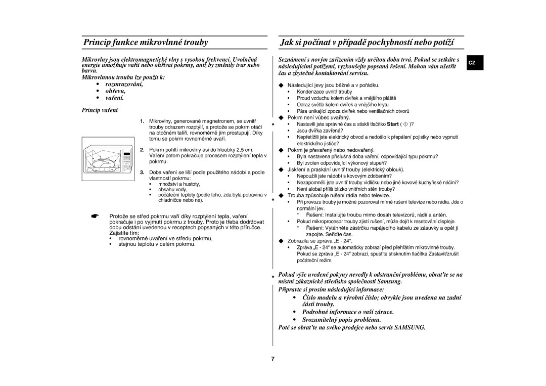 Samsung CE107V/XEH manual Princip funkce mikrovlnné trouby, Jak si počínat v případě pochybností nebo potíží 