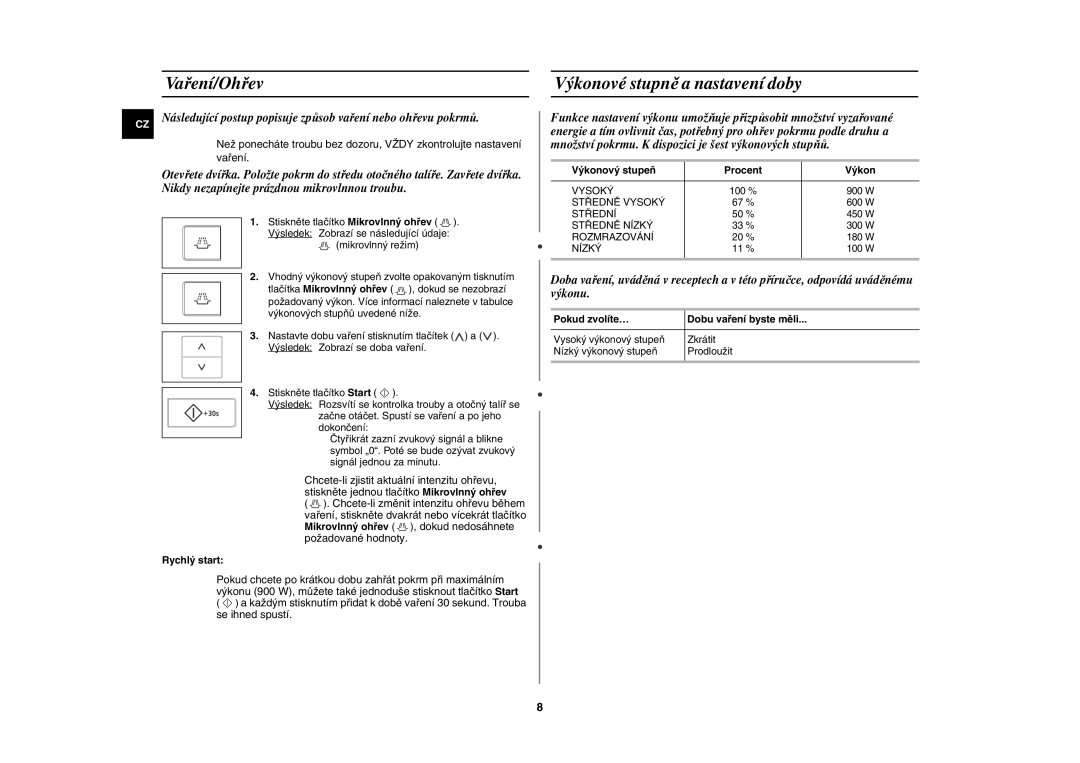 Samsung CE107V/XEH manual Vaření/Ohřev, Výkonové stupně a nastavení doby, Rychlý start, Výkonový stupeň Procent 