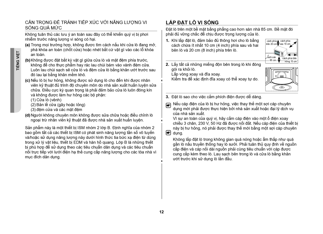 Samsung CE107V/XSV manual Lắp đặt lò vi sóng, CẨN Trọng ĐỂ Tránh Tiếp XÚC VỚI Năng Lượng VI Sóng QUÁ MỨC 