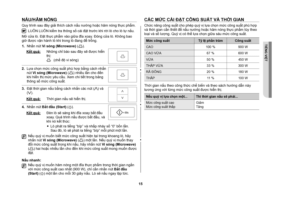 Samsung CE107V/XSV manual Nấu/hâm nóng, Các mức cài đặt công suất và thời gian, Nấu nhanh 