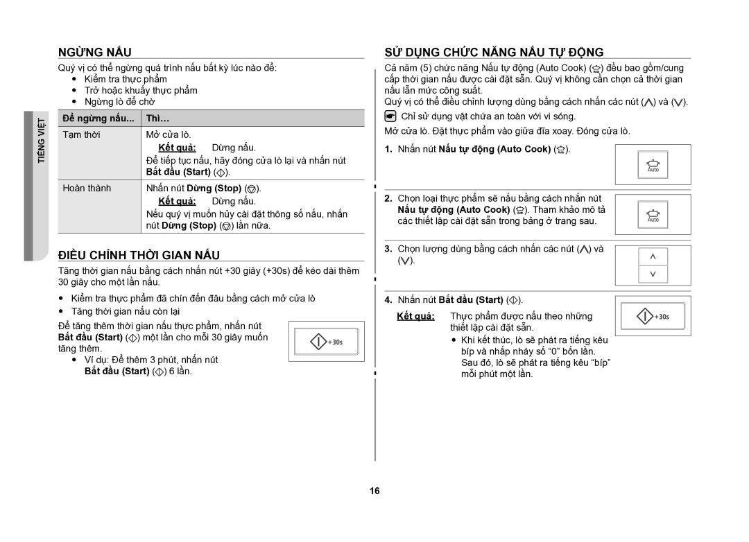 Samsung CE107V/XSV manual Ngừng nấu, Điều chỉnh thời gian nấu, Sử dụng chức năng nấu tự động 