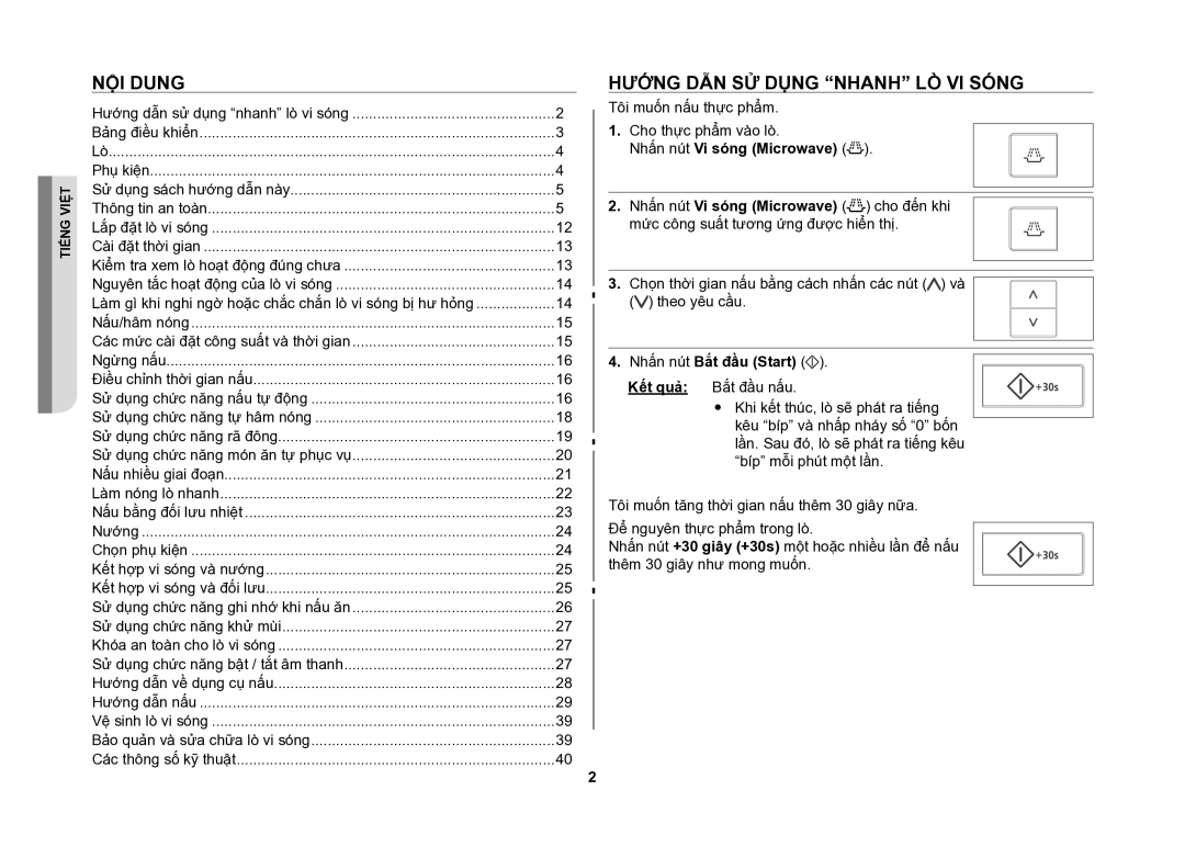 Samsung CE107V/XSV manual Nội dung, Hướng dẫn sử dụng nhanh lò vi sóng, Nhấn nút Vi sóng Microwave, Nhấn nút Bắt đầu Start 