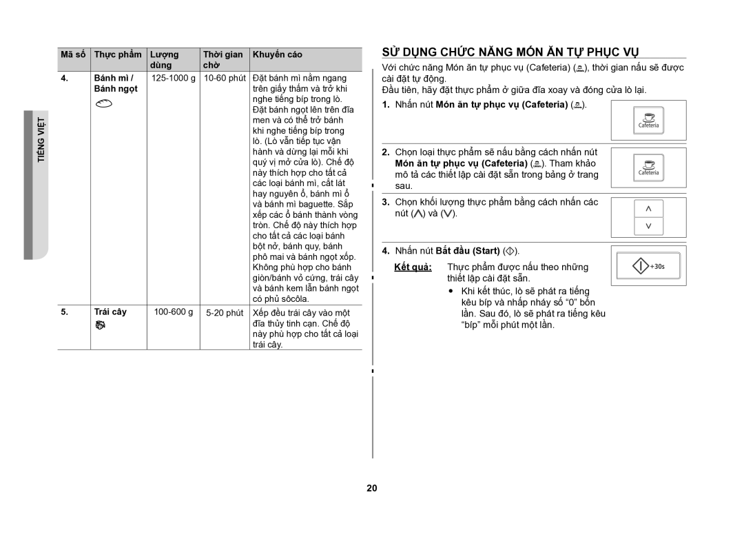 Samsung CE107V/XSV manual Sử dụng chức năng món ăn tự phục vụ, Mã số Thực phẩm Lượng Thời gian Khuyến cáo Dùng Chờ Bánh mì 