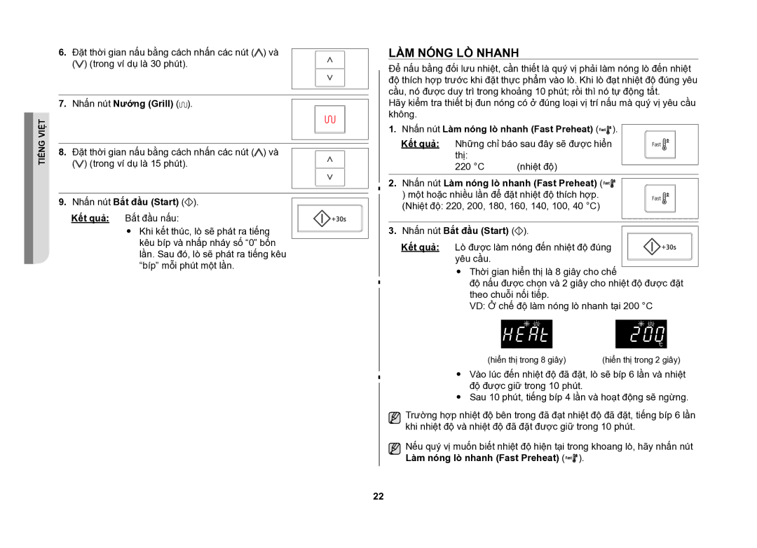 Samsung CE107V/XSV manual Nhấn nút Nướng Grill, Nhấn nút Làm nóng lò nhanh Fast Preheat 