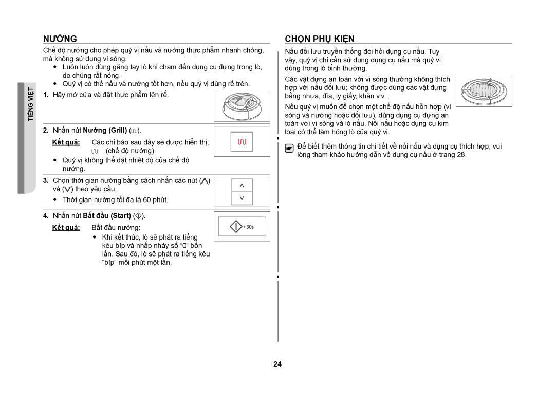 Samsung CE107V/XSV manual Nướng, Chọn phụ kiện 