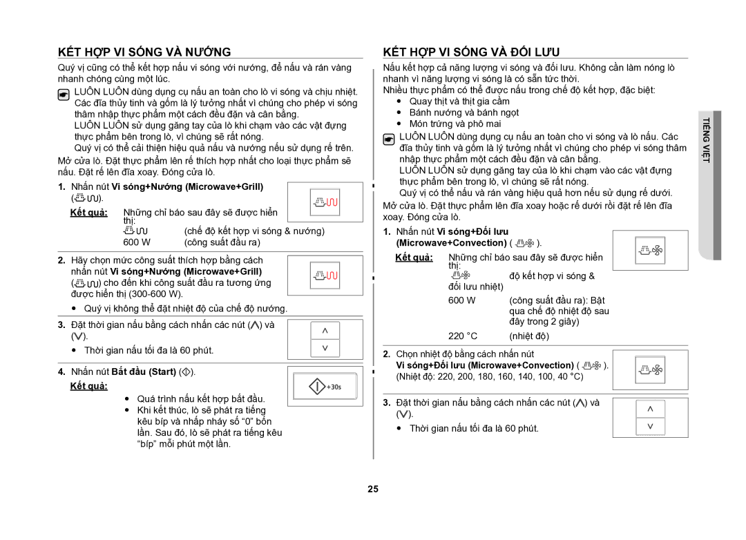 Samsung CE107V/XSV manual Kết hợp vi sóng và nướng, Kết hợp vi sóng và đối lưu, Nhấn nút Vi sóng+Nướng Microwave+Grill 