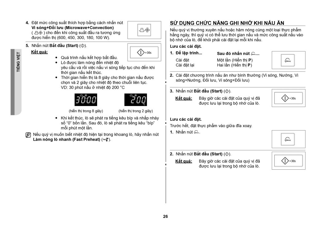 Samsung CE107V/XSV manual Sử dụng chức năng ghi nhớ khi nấu ăn, Vi sóng+Đối lưu Microwave+Convection, Sau đó nhấn nút 