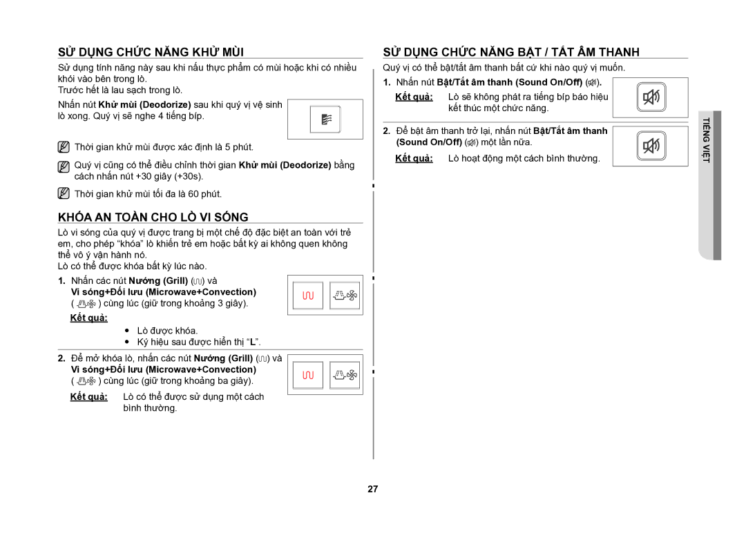 Samsung CE107V/XSV manual Sử dụng chức năng khử mùi, Khóa an toàn cho lò vi sóng, Sử dụng chức năng bật / tắt âm thanh 