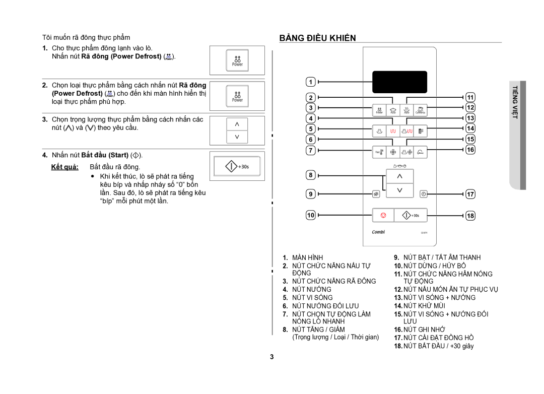 Samsung CE107V/XSV manual Bảng điều khiển, Nhấn nút Rã đông Power Defrost 