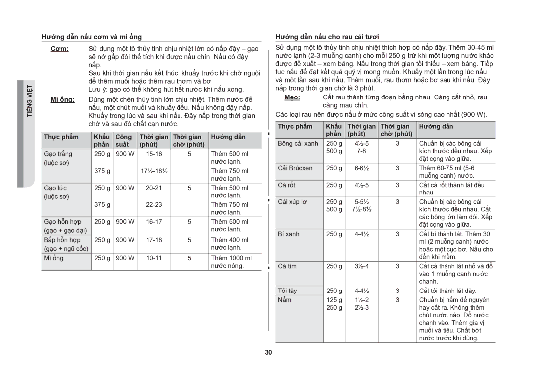 Samsung CE107V/XSV manual Hướng dẫn nấu cơm và mì ống, Hướng dẫn nấu cho rau cải tươi 