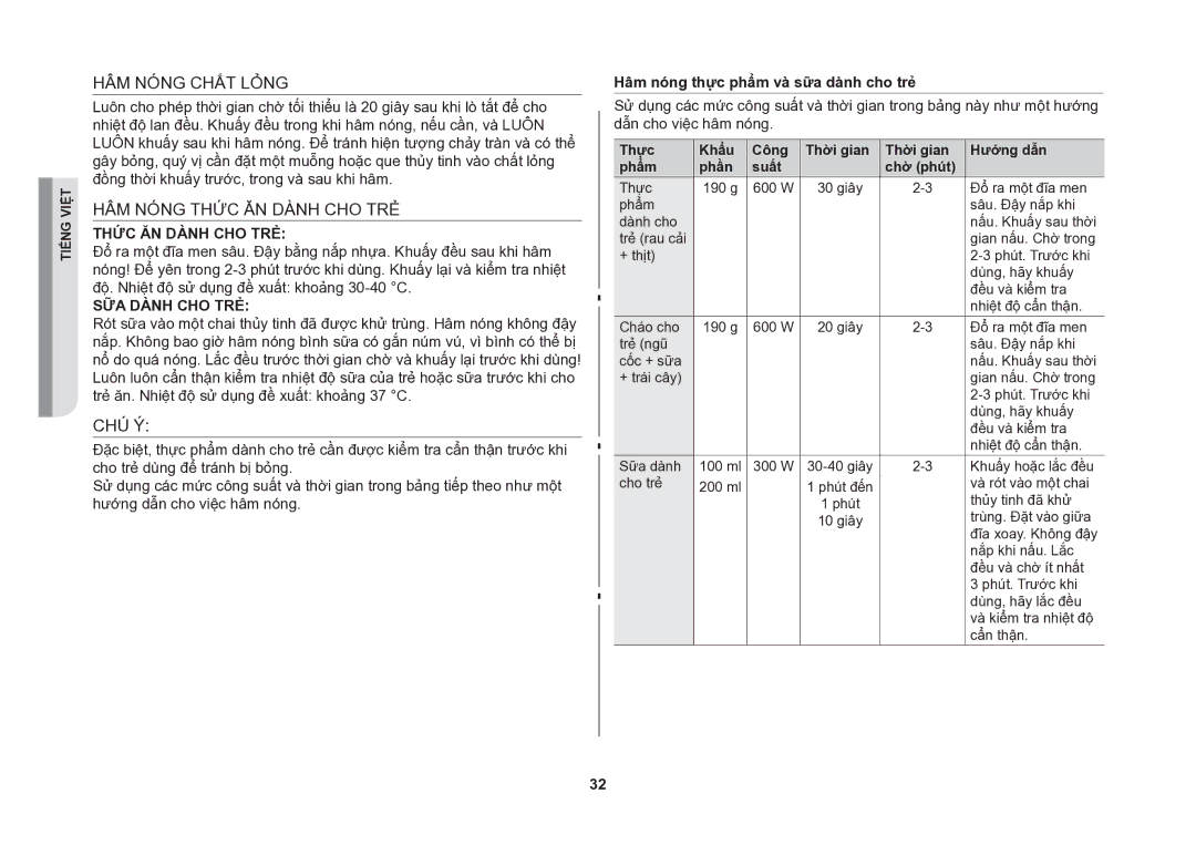 Samsung CE107V/XSV manual HÂM Nóng Chất Lỏng, HÂM Nóng Thức ĂN Dành CHO TRẺ, Chú Ý, Hâm nóng thực phẩm và sữa dành cho trẻ 