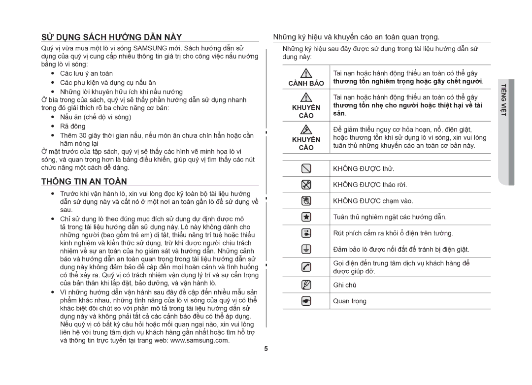 Samsung CE107V/XSV manual Sử dụng sách hướng dẫn này, Thông tin an toàn, Sản, Thương tổn nghiêm trọng hoặc gây chết người 