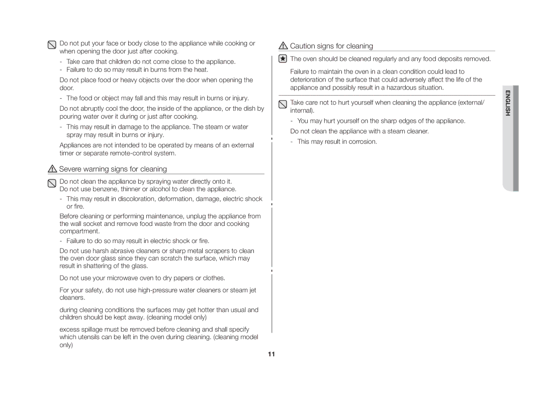 Samsung CE107V/XSV manual Severe warning signs for cleaning 