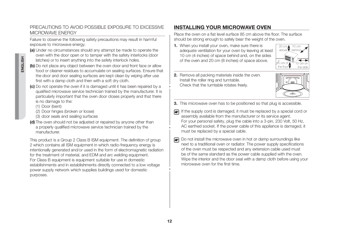 Samsung CE107V/XSV manual Installing your microwave oven, First with a damp cloth and then with a soft dry cloth 