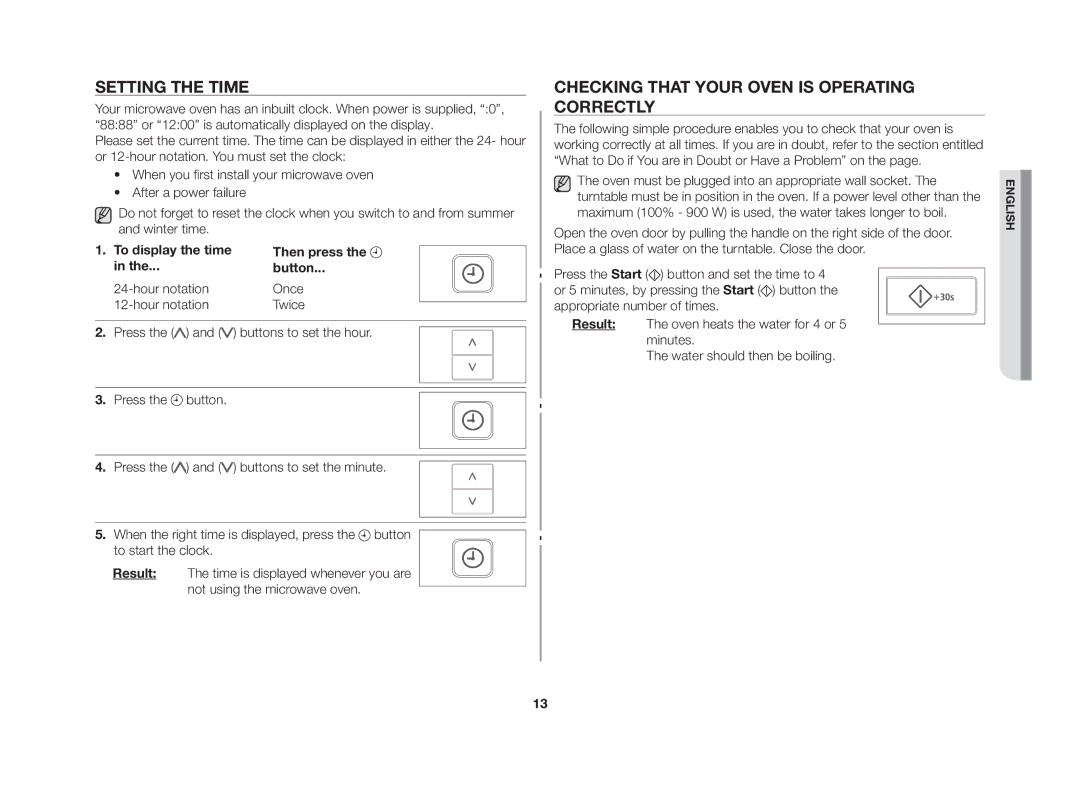 Samsung CE107V/XSV manual Setting the time, Checking that your oven is operating correctly, To display the time 