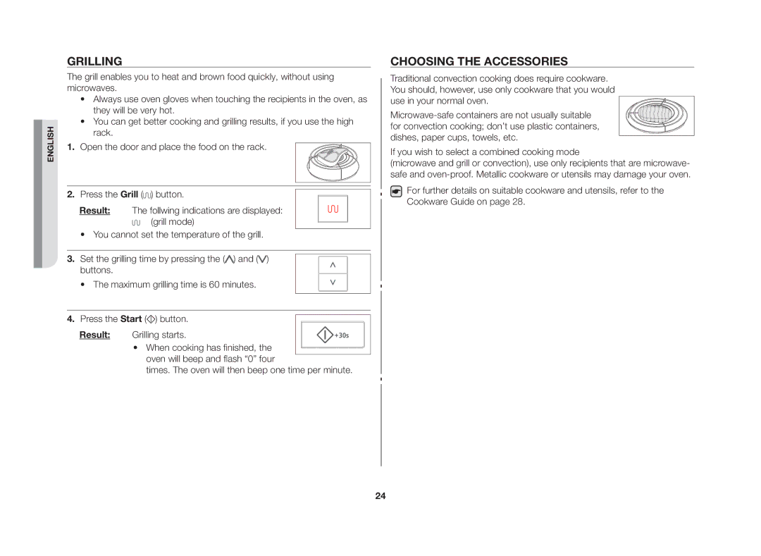 Samsung CE107V/XSV manual Grilling, Choosing the accessories 