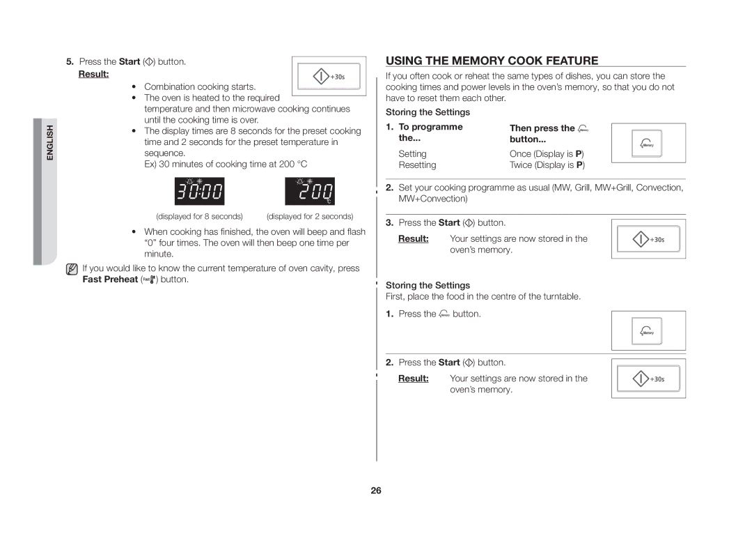 Samsung CE107V/XSV manual Using the memory cook feature, Storing the Settings To programme Then press Button, Resetting 