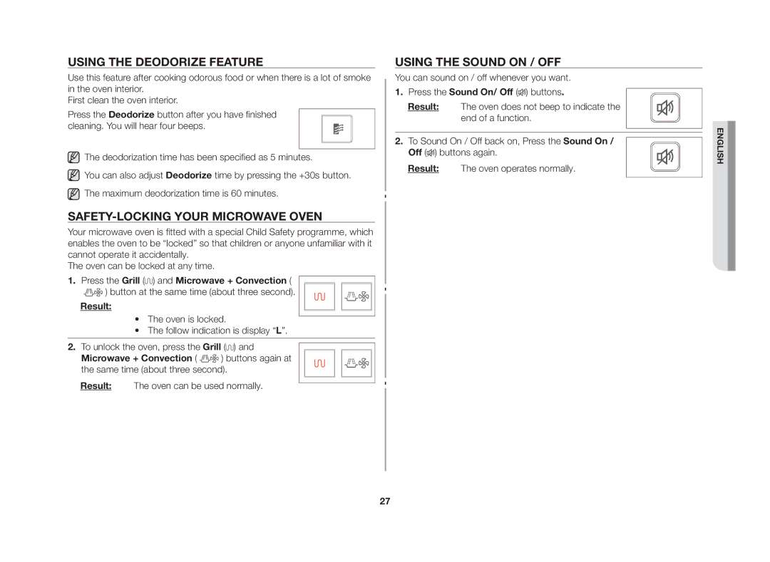 Samsung CE107V/XSV manual Using the deodorize feature, Safety-locking your microwave oven, Using the sound on / off 