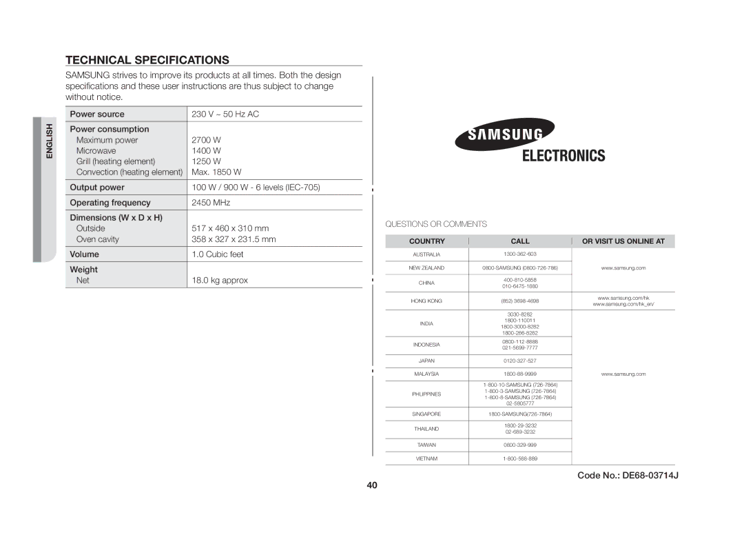 Samsung CE107V/XSV manual Technical specifications, Questions or Comments 