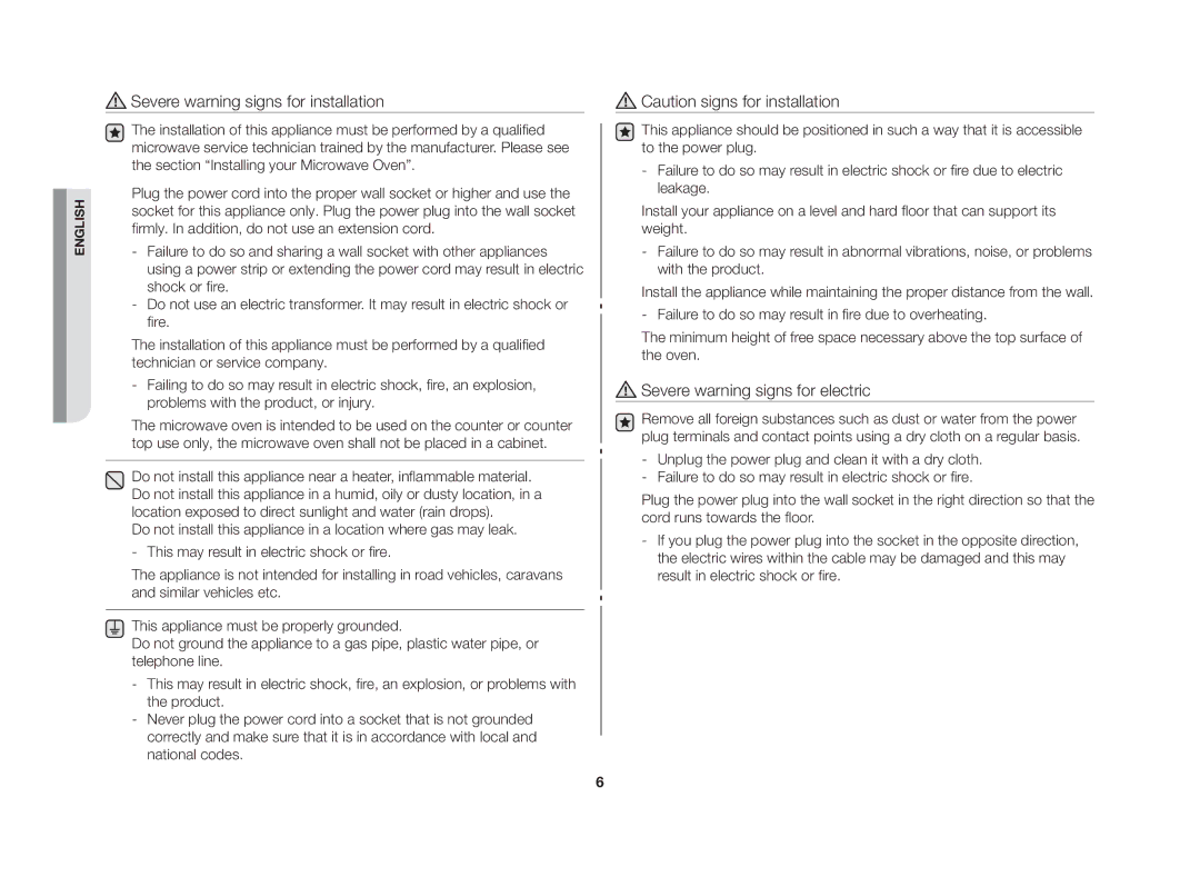 Samsung CE107V/XSV manual Severe warning signs for installation 