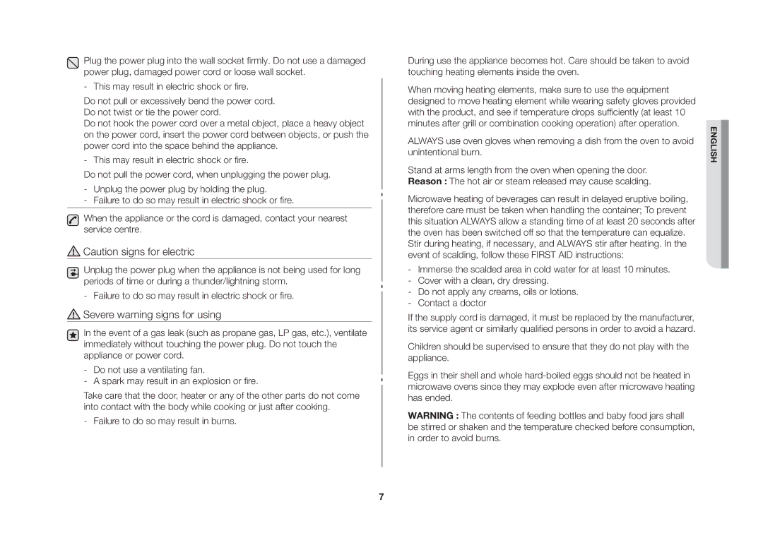 Samsung CE107V/XSV manual Severe warning signs for using 