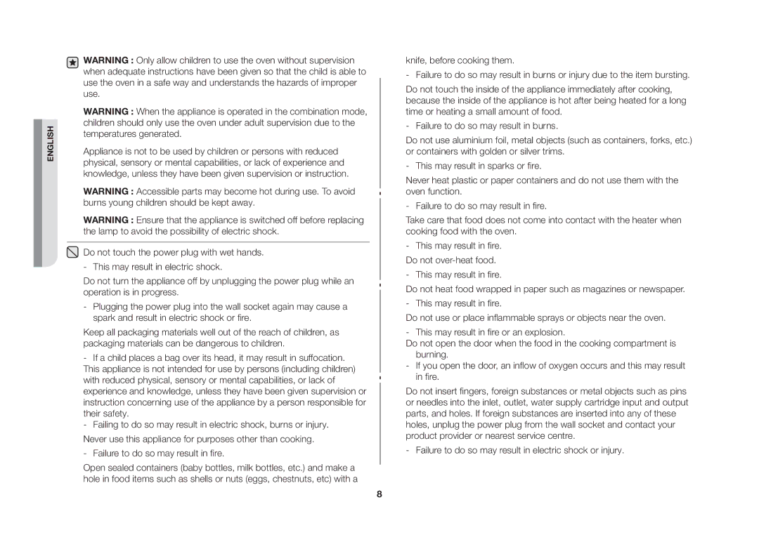 Samsung CE107V/XSV manual This may result in fire. Do not over-heat food 