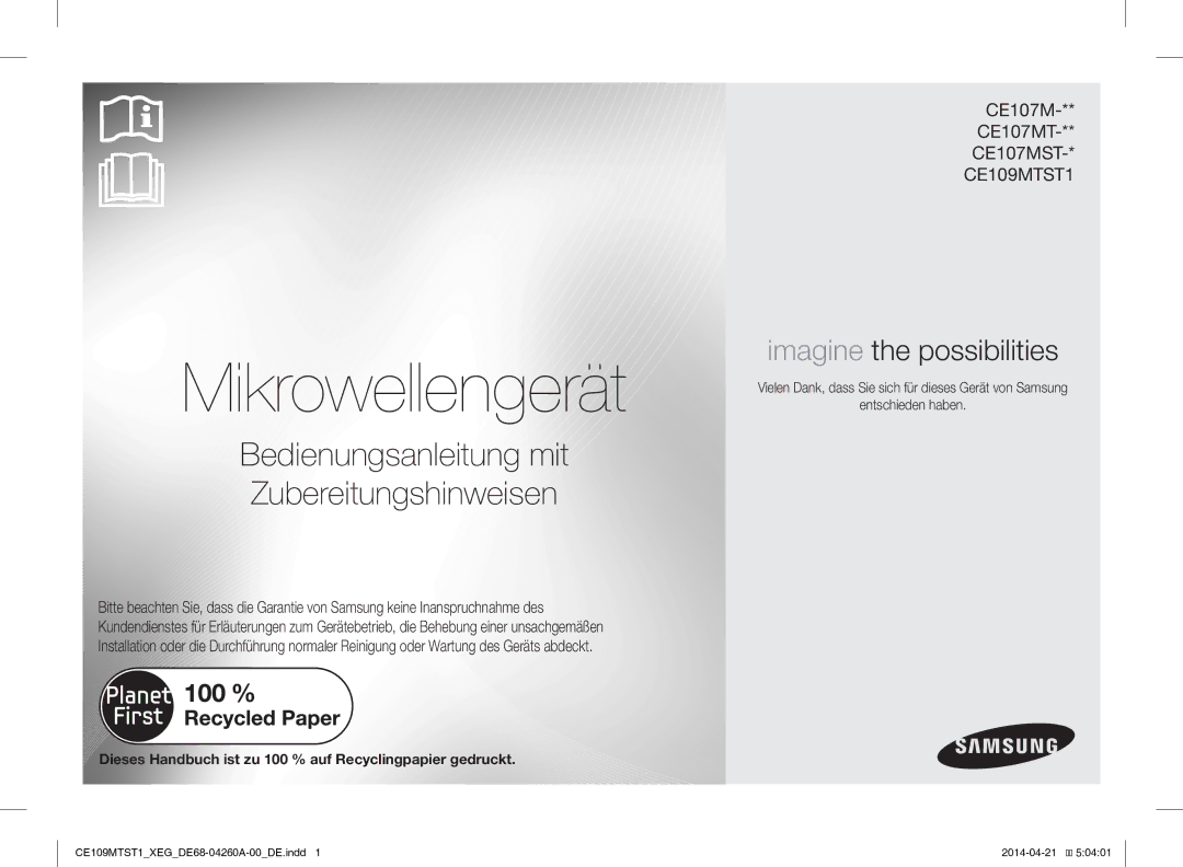 Samsung CE109MTST1/XEG manual Mikrowellengerät, Dieses Handbuch ist zu 100 % auf Recyclingpapier gedruckt 