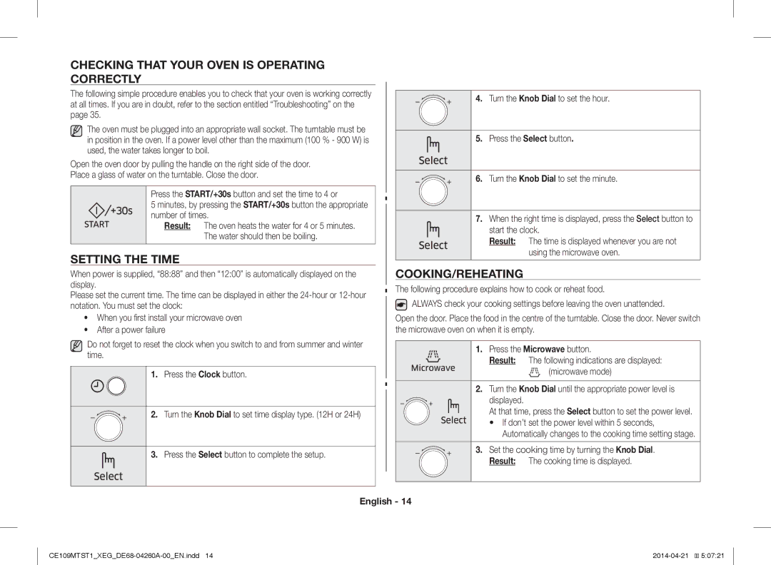 Samsung CE109MTST1/XEG manual Checking That Your Oven is Operating Correctly, Setting the Time, Cooking/Reheating 