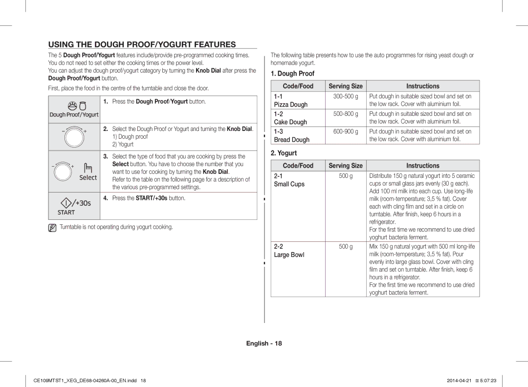 Samsung CE109MTST1/XEG manual Using the Dough PROOF/YOGURT Features, Press the Dough Proof/Yogurt button 