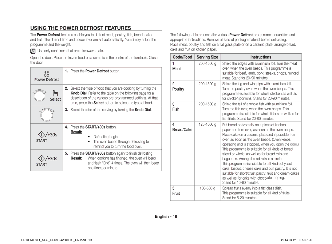 Samsung CE109MTST1/XEG manual Using the Power Defrost Features, Press the Power Defrost button, Code/Food Serving Size 