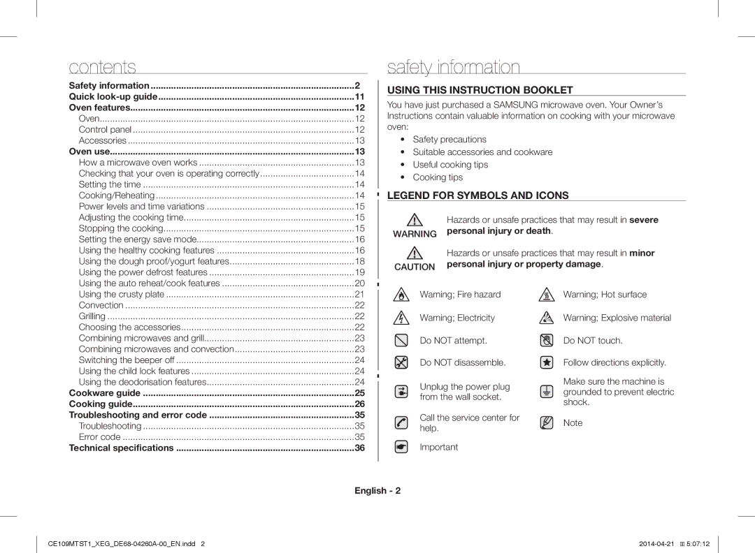 Samsung CE109MTST1/XEG manual Safety information, Contents 