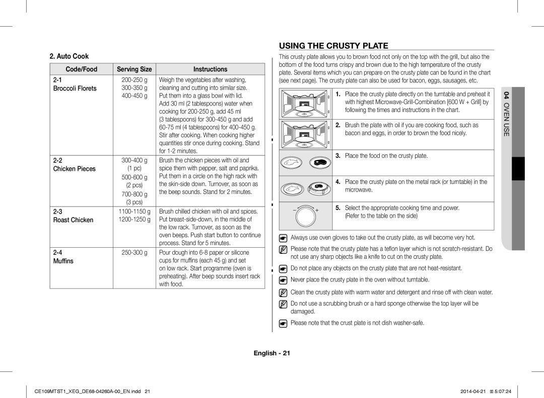 Samsung CE109MTST1/XEG manual Using the Crusty Plate 