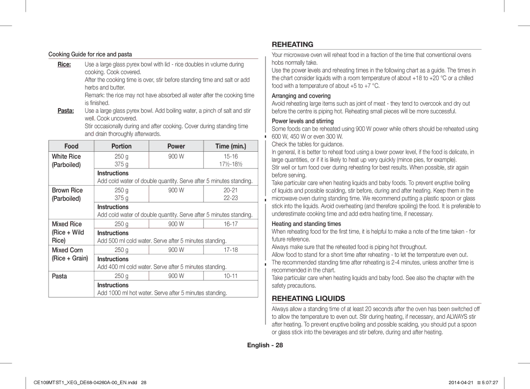 Samsung CE109MTST1/XEG manual Reheating Liquids 