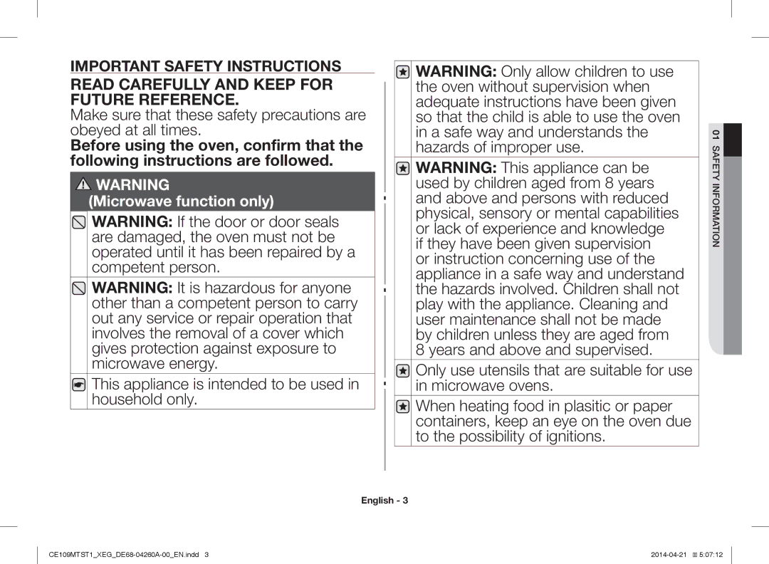 Samsung CE109MTST1/XEG manual Read Carefully and Keep for Future Reference 