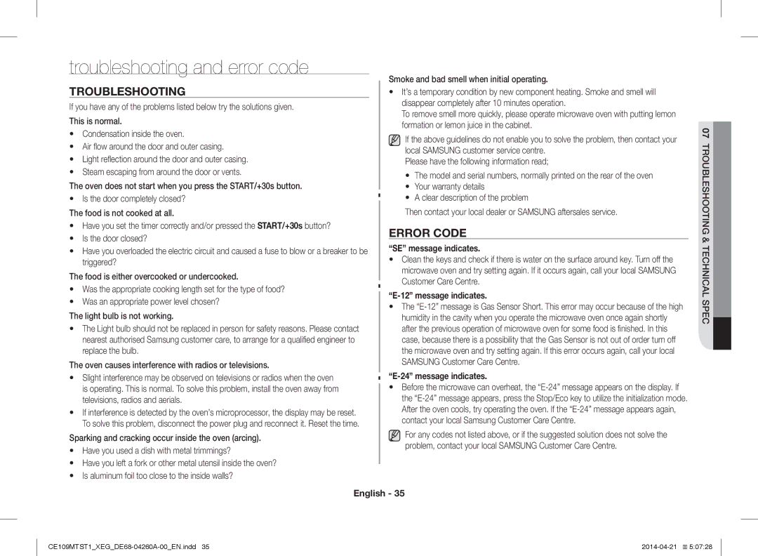 Samsung CE109MTST1/XEG manual Troubleshooting and error code, Error Code, SE message indicates, Message indicates 