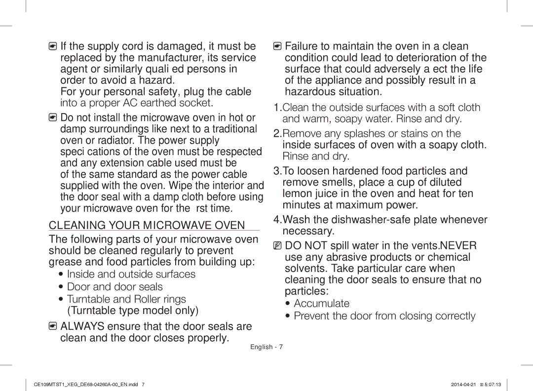 Samsung CE109MTST1/XEG manual Cleaning Your Microwave Oven 