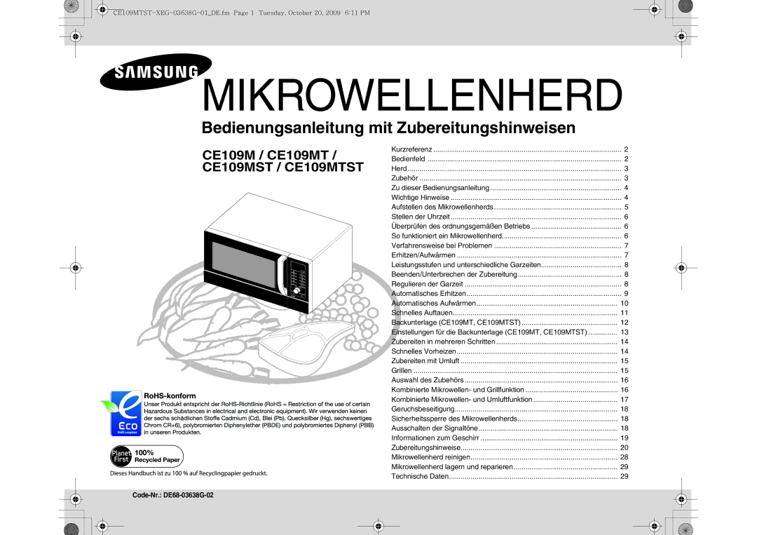 Samsung CE109MTST/XEG manual Mikrowellenherd, Code-Nr. DE68-03638G-02 