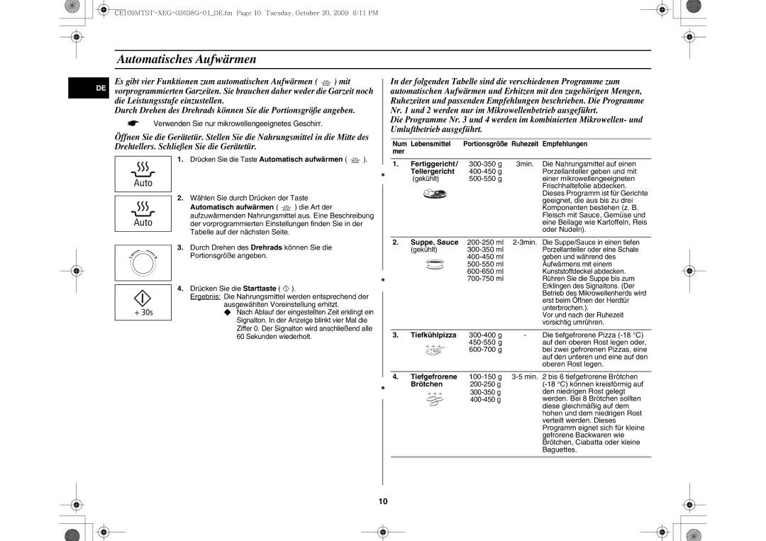 Samsung CE109MTST/XEG manual Automatisches Aufwärmen 