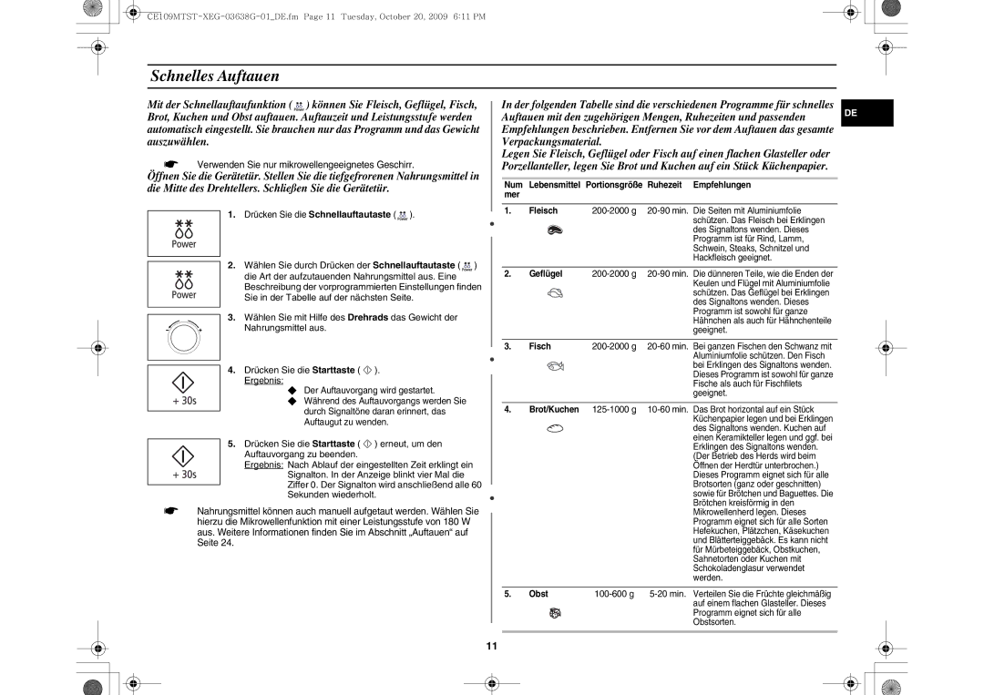 Samsung CE109MTST/XEG manual Schnelles Auftauen, Geflügel, Fisch, Brot/Kuchen, Obst 