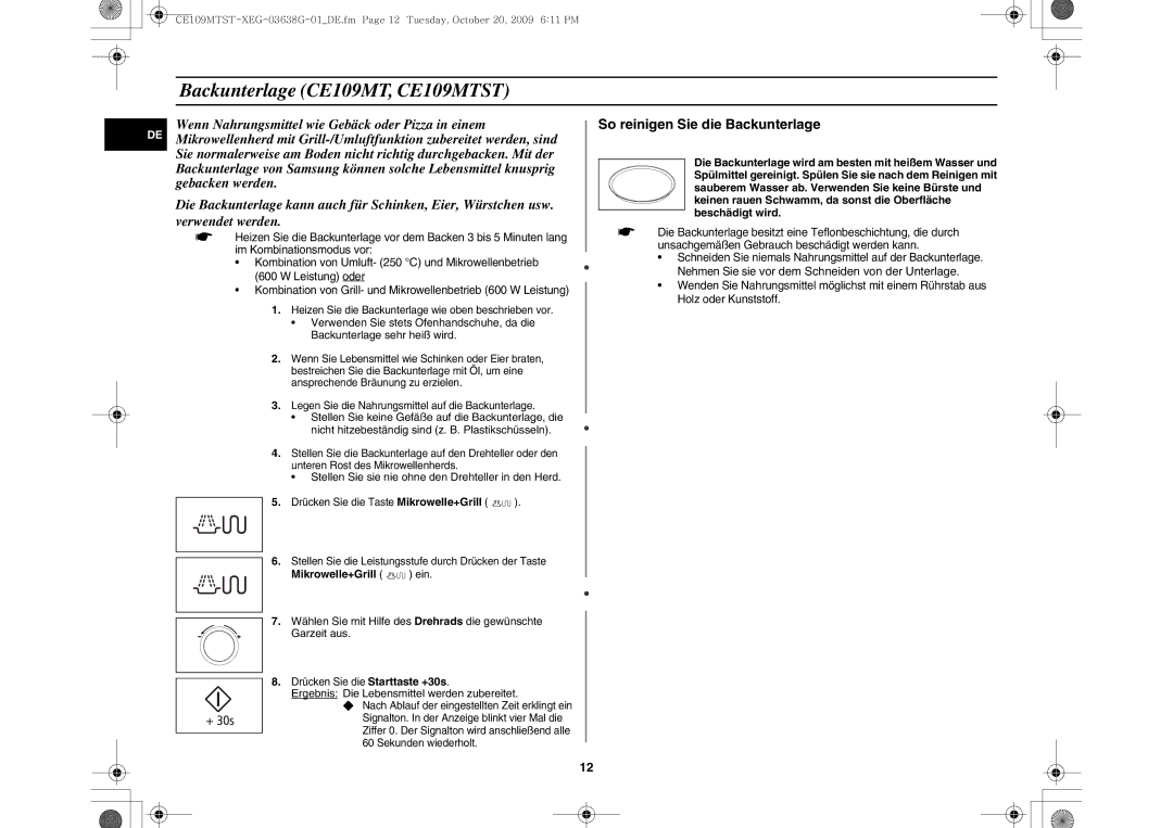 Samsung CE109MTST/XEG manual Backunterlage CE109MT, CE109MTST, Stellen Sie sie nie ohne den Drehteller in den Herd 