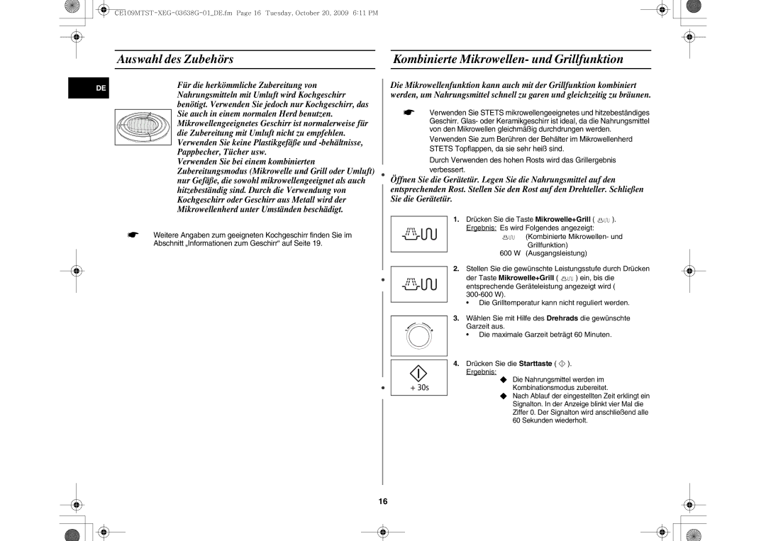 Samsung CE109MTST/XEG manual Drücken Sie die Taste Mikrowelle+Grill 