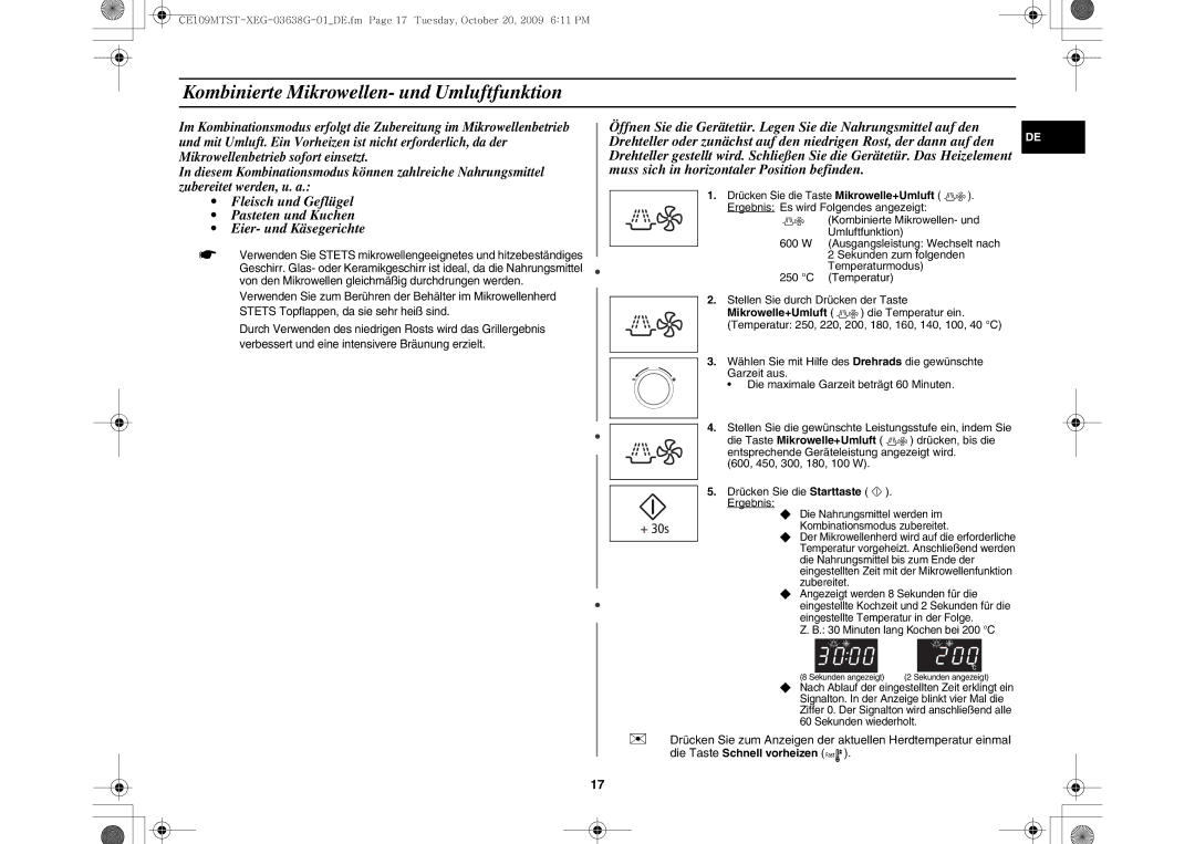 Samsung CE109MTST/XEG manual Kombinierte Mikrowellen- und Umluftfunktion 