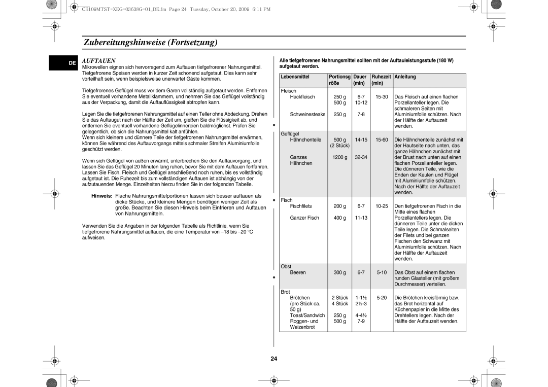 Samsung CE109MTST/XEG manual Auftauen 