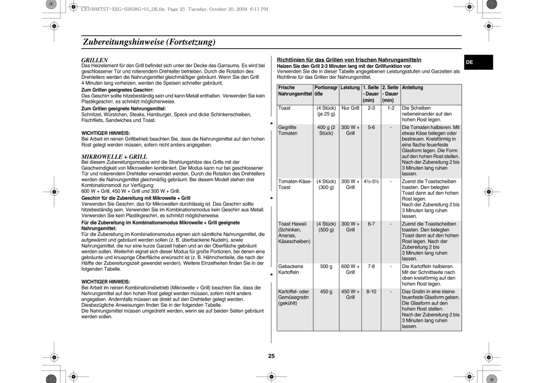 Samsung CE109MTST/XEG manual Mikrowelle + Grill, Richtlinien für das Grillen von frischen Nahrungsmitteln 