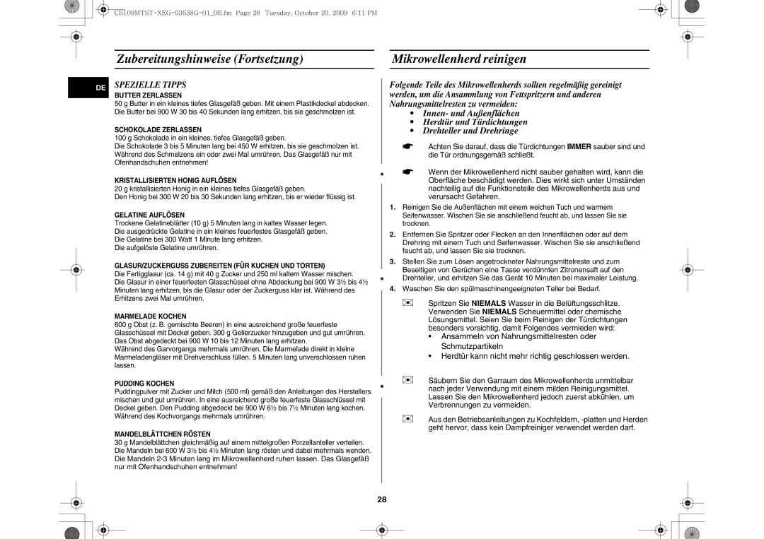 Samsung CE109MTST/XEG manual Zubereitungshinweise Fortsetzung Mikrowellenherd reinigen, Spezielle Tipps 