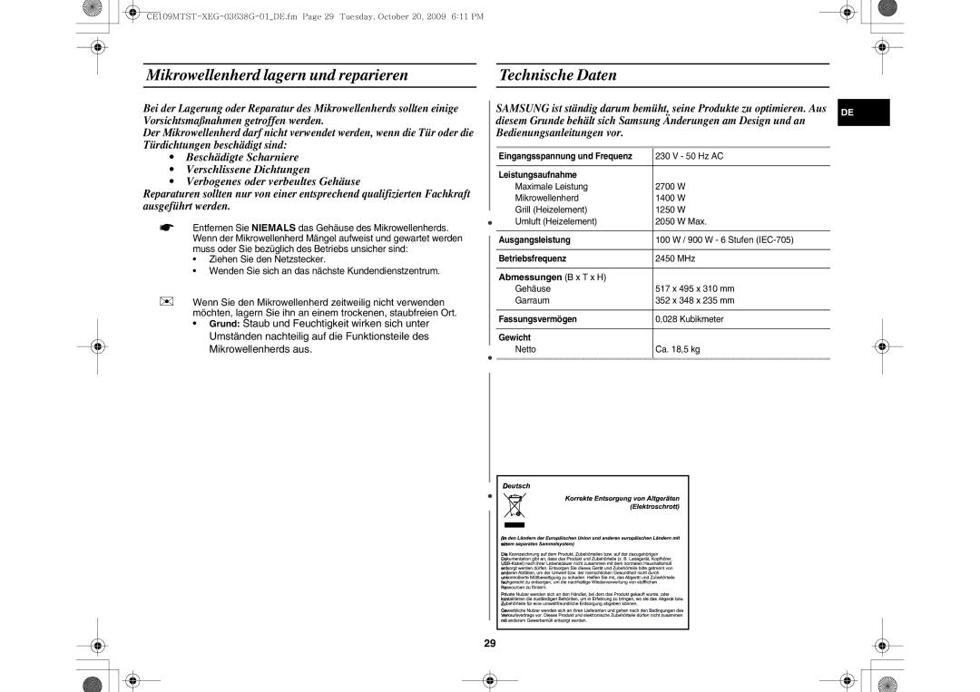 Samsung CE109MTST/XEG manual Mikrowellenherd lagern und reparieren Technische Daten, Abmessungen B x T x H 