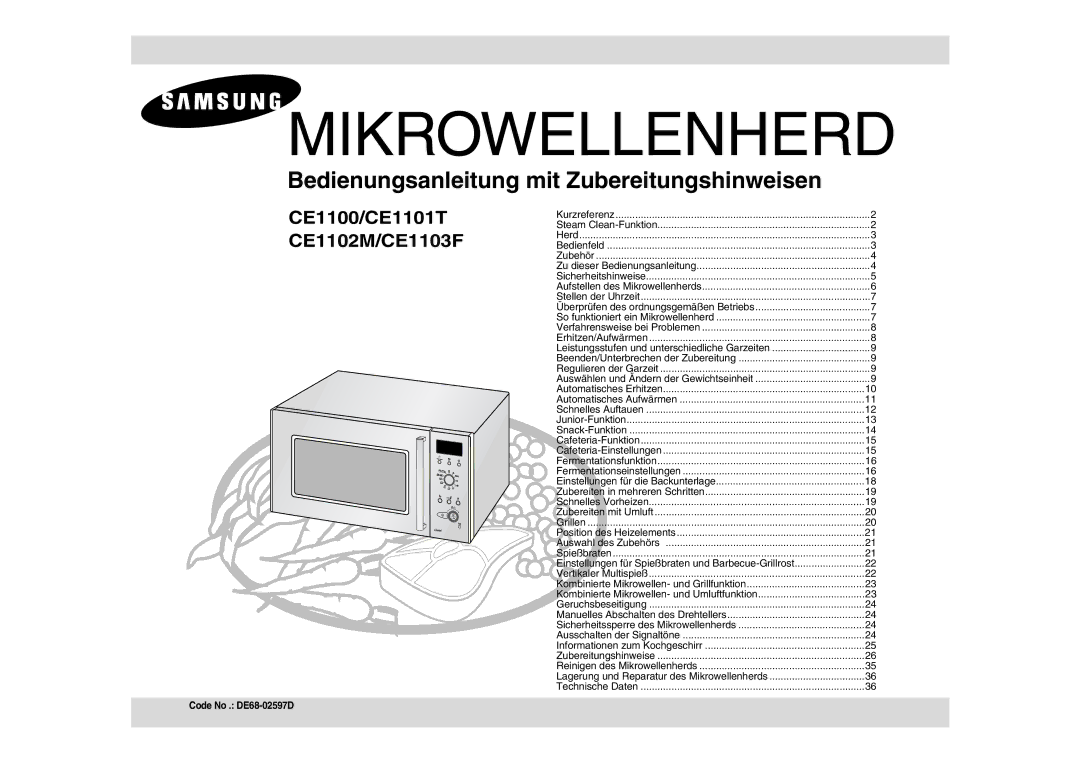 Samsung CE1100-S/XEG manual Auswahl des Zubehörs, Sicherheitssperre des Mikrowellenherds, Code No . DE68-02597D 