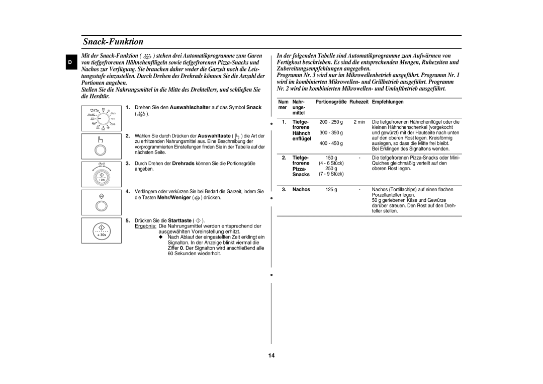 Samsung CE1100-S/XEG manual Snack-Funktion 