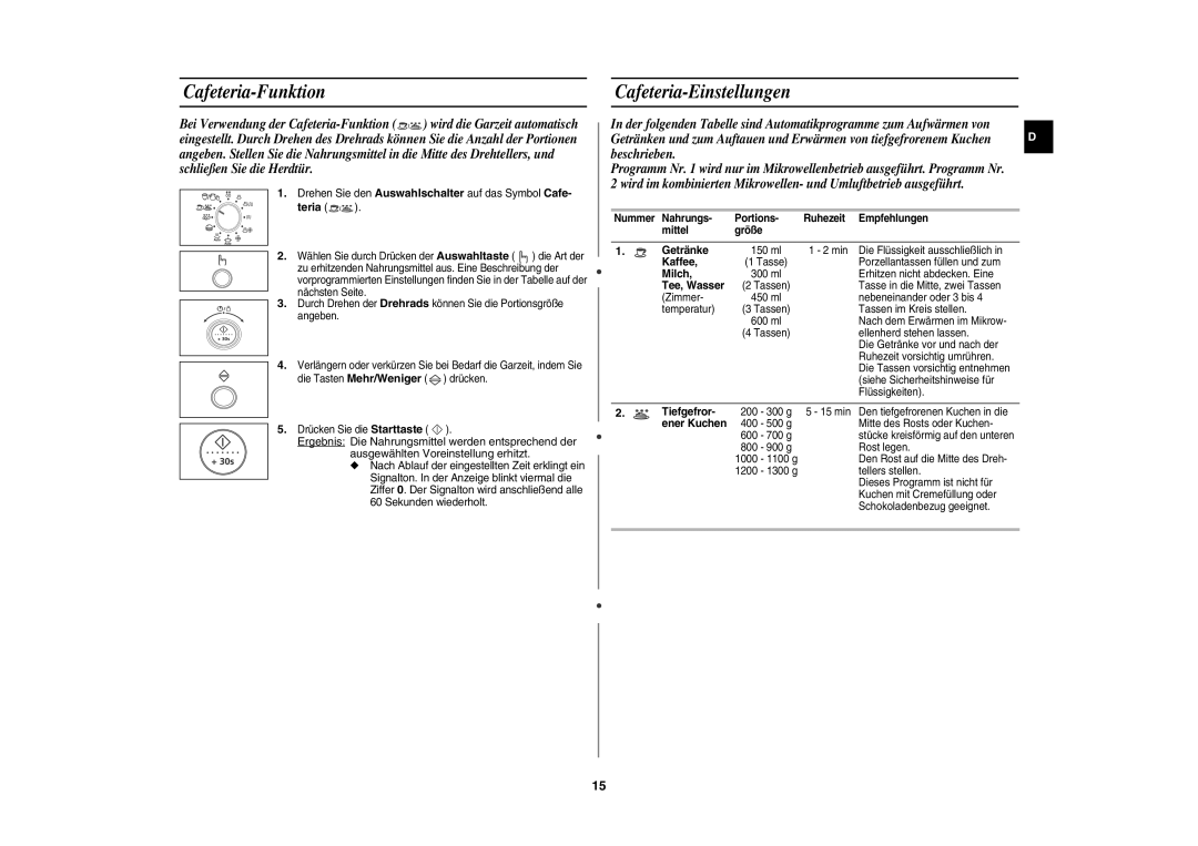 Samsung CE1100-S/XEG manual Cafeteria-Funktion, Cafeteria-Einstellungen, Teria 